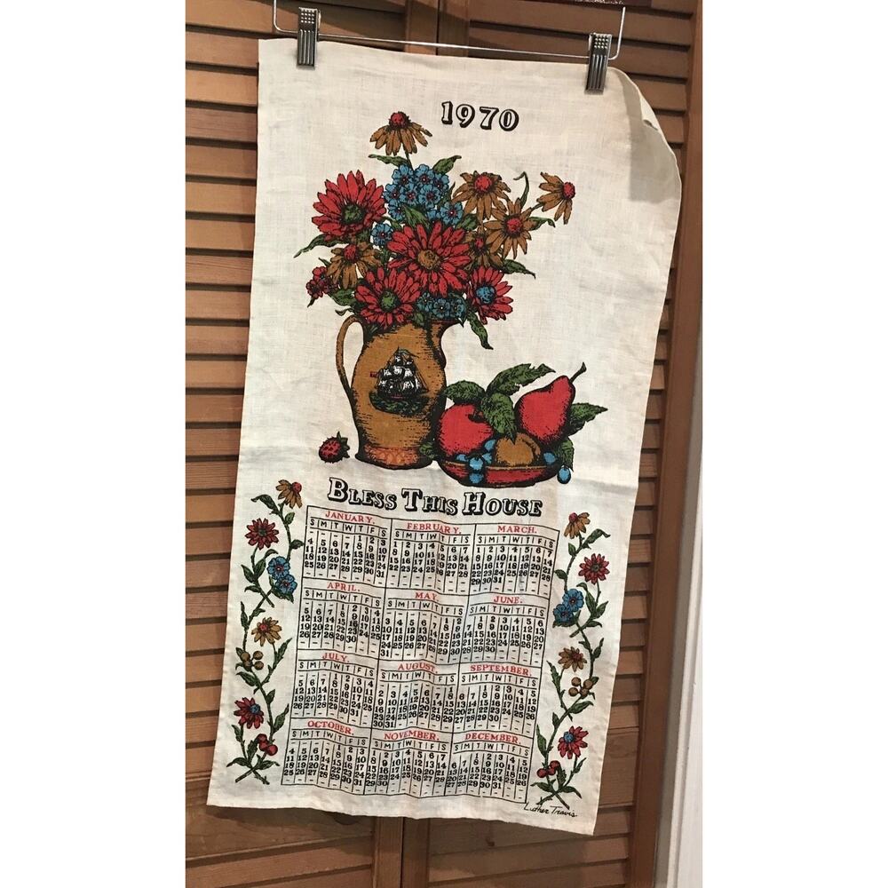 Vintage 1970 Floral Calendar Kitchen Towel - Bless This House